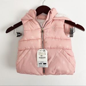 Zara Baby Girl Pink Star Print Fleece Lined Hooded Puffer Vest Sz 12-18mo.